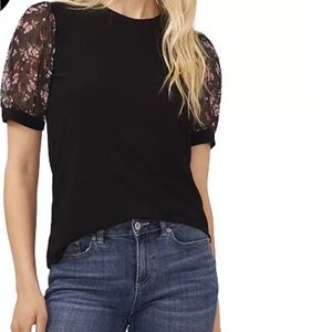 CeCe Black Top with Floral Sleeves